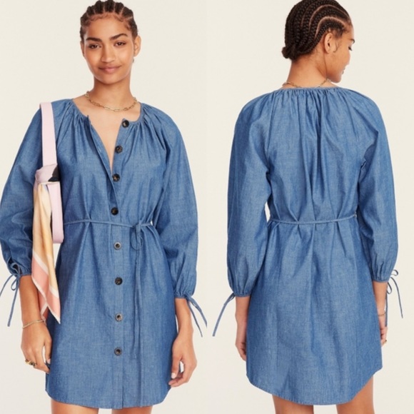 J. Crew Dresses & Skirts - J. CREW Dress Womens XS Blue Chambray Tie-Sleeve Button Front Tunic Mini Cotton
